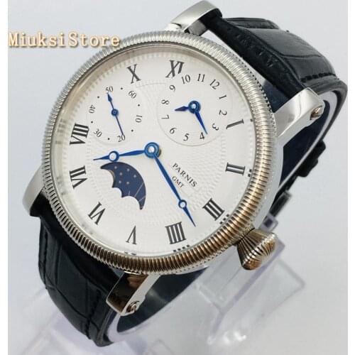 Parnis 43mm mens top mechanical watches white dial GMT leather hand winding movement multi-function mens sport watch