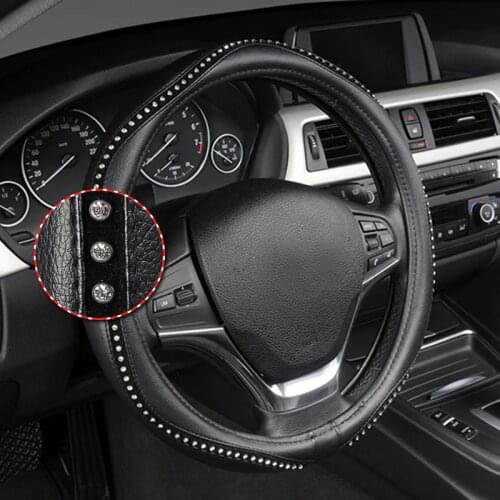 AUTOYOUTH Car Steering Wheel Cover Luxury Crystal Rhinestone Premium Faux Leather Universal M size Fits 38cm/15" Car-Styling 1PC