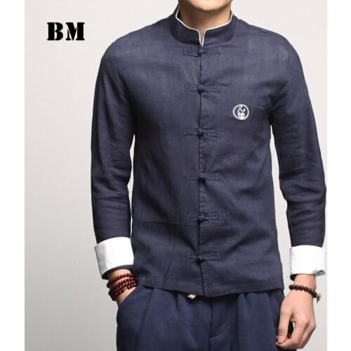 Chinese Style Cotton Linens Long Sleeve Shirt Spring Traditional Dress Tang Suit Plus Size Stand Collar Coat Hanfu Men Clothing