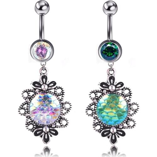 Hot style Surgical Steel Dangle Navel Rings Women Flowers Navel Bars Fashion Fish scale Belly Button Ring Piercing Body Jewelry