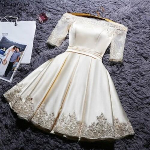Short 2021 Champange Color Prom Dresses Elegant Vestidos Party Satin Half Sleeve Gown