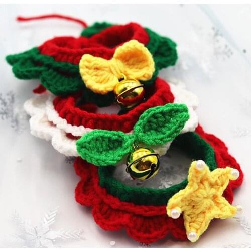 Red Cotton Rope Adjustable Christmas Patterns Hand Knitted Woolen Christmas Patterns Cat Dog Collar Neck Ornaments Pet Scarf