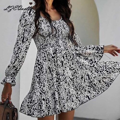 Vintage Print A Line Mini Dress Women Boho Long Sleeve O Neck Dresses Casual High Waist Ruffles Party Club Vestidos NZ2939