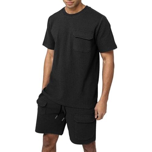 Men Summer Solid Color Pockets 2-piece T-shirt Shorts Tracksuit Sportswear Activewear for Leisure Fashion Sweatpants Mens Sets