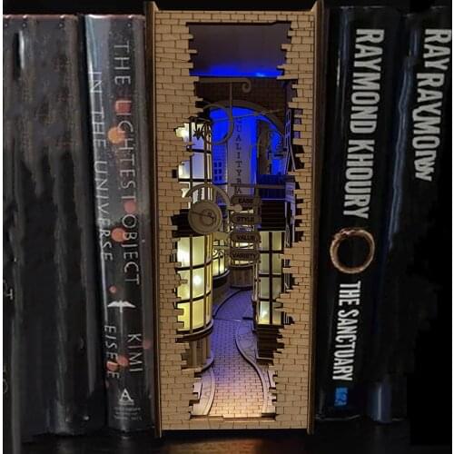 DIY Wooden Book Nook Shelf Insert Kits Miniature with Furniture Dragon Alley Art Bookends Assembled Toys for Adults Xmas Gifts