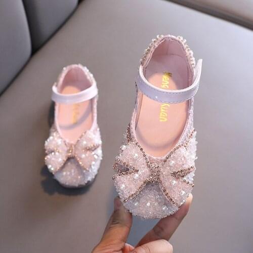 New Hot Sale Girls Bow Princess Shoes Sequin Rhinestone Children Dance Shoes Spring Autumn Flats Kids Shoes