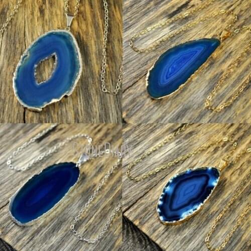H-QN139 Blue Agat Geode Druzy Pendant Necklace Gold Color