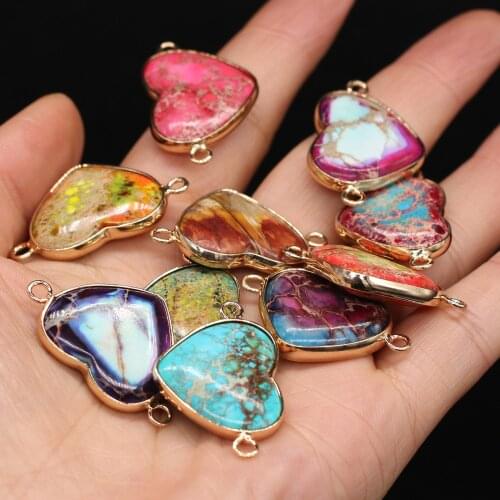 Natural Imperial Stone Pendants Reiki Heal Heart Crystal Double hole Connector for Jewelry Making DIY Necklace Bracelet