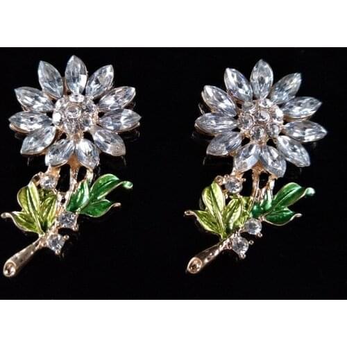 SEA MEW 10 PCS 29*52mm Fashion Metal Alloy KC Gold Crystal Rhinestone Flowers Connectors Charm For Jewelry Making