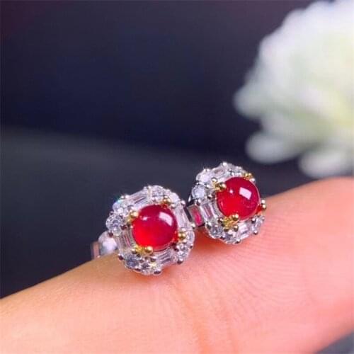Myanmar Natural Ruby Flower Stud Earrings Real 925 Sterling Silver Red Stone Earrings Fine Charm Jewelry for Women