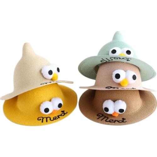 2018 Korea Spring kids Beach Hats summer 100% Handmade Funny two big eyes Children straw hat boys girls tourism hot sun hat