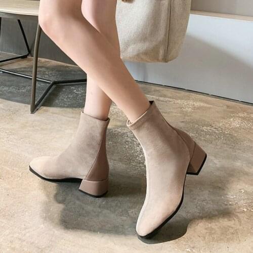 Sianie Tianie flock pu chunky middle heels womans boots winter autumn new ladies sexy stretch ankle boots booties women size 43