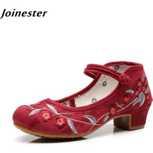 Ethnic Dance Shoes for Women Retro Embroidered Mary Jane Pumps Female Mid-Heel Round Toe Cheongsam Dress Shoe Ancient Style
