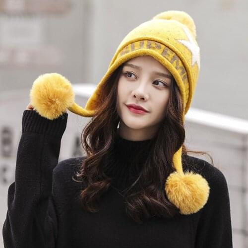 Ladies Knitted Hat Fashion Plus Velvet Thick Warm Woolen Cap Outdoor Leisure Cycling Hair Ball Ear Caps Cold-Proof Hot Sale2021