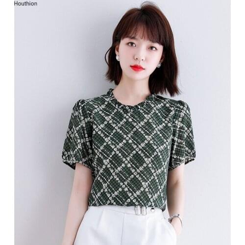 Womens Blouses Fashion Tops Casual Shirts Printed Blouse Lattice Lotus Leaf Collar Shirt Short Sleeve Top Korean New Summer