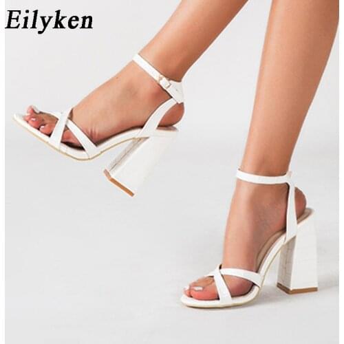 Eilyken White High Heels Sandals Fashion Cross PU Leather Peep Toe Chunky Heel Woman Concise Ankle Buckle Shoes 2021 Summer New