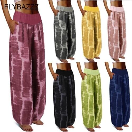 Womens Loose Fitness Yoga Pants Tie-dye Printing High Waist Pocket Casual Wide Leg Trousers Women Plus Size Aladdin Harem Pants
