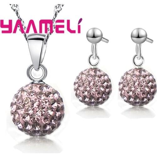 Cheap Price Women Party Jewelry Sets 925 Sterling Silver Ball Shape Crystal Pendant Necklace Earrings Wholesale