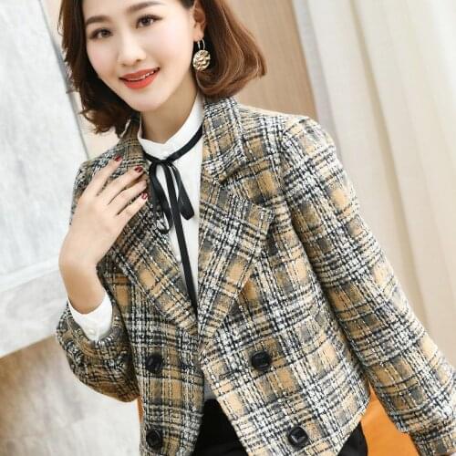 Spring Autumn Plaid Short Jacket Women 2021 Korea Loose Double Breasted Office Ladies Coat Elegant Temperament Loose Outwear Top