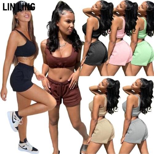 LINLING Casual Solid Sportswear Two Piece Sets Women 2021 Crop Top And Drawstring Shorts Matching Set Summer Athleisure Outfits