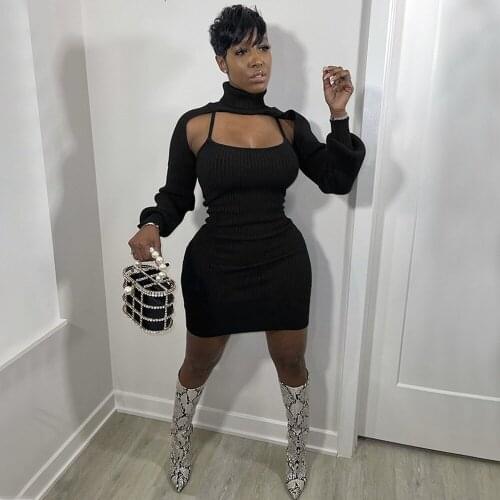 Women Set Autumn Winter Female Knitted Suit Turtleneck Long Sleeve Cropped Top and Spaghetti Strap Skinny Dress Two Piece Set