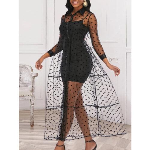 Women Mesh Shirt Dress Black Transparent Tulle Polka Dot See Through African Sexy Fashion Spring Female Robes Tunic Plus Size XL