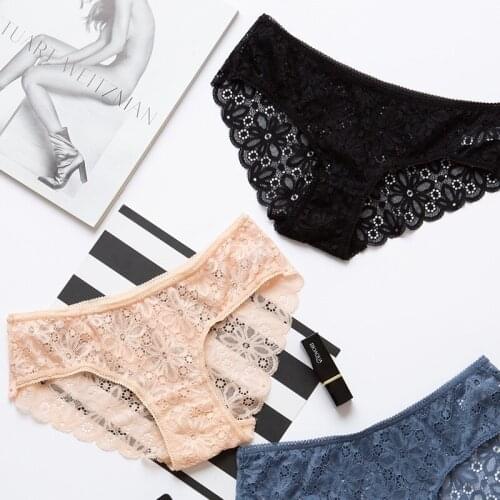 2021 Womens Cotton Underwear Panties Sexy Lace Panties Low Waist Hollow Out Briefs Female Solid Color Underpants Sexy Lingerie