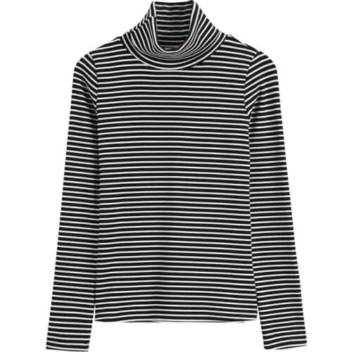 2021 Women Spring Turtleneck Striped T Shirts Long Sleeve 97% Cotton Women T Shirt Women Clothes Slim Fashion Tops
