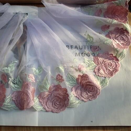 2Y/Lot Pink Flowers Light Purple Mesh Embroidery Lace, Embroidered Tulle Floral Lace Trim Sewing Fabric Clothing Accessories