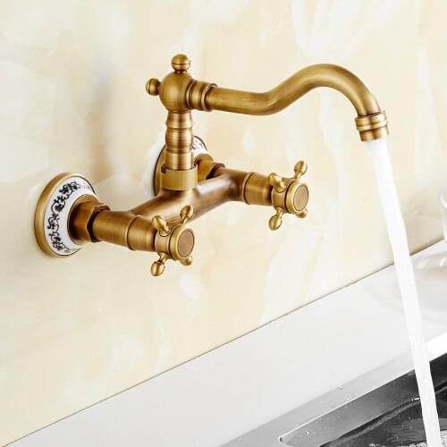 Antique Brass Kitchen Faucet Wall Mounted Mixer Tap Hot And Cold Water Mixer Tap Double Holes Rotatable Kitchen Sink Mixer Tap
