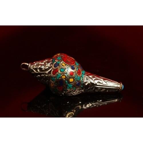 Antique bronze Pure Copper Old Brass Color copper inlaid carved six words type conch pendant pendant Nepal pure manual