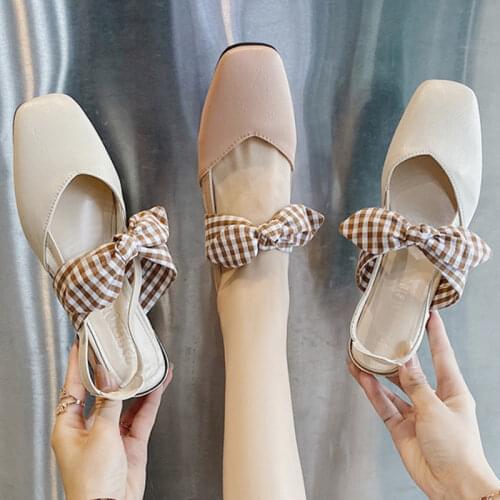 Fairy Tale Plaid Bow Tie Slingback Women Sandals Covered Toe High Heel Shoes Women Slip on Square Toe Sandals 2021
