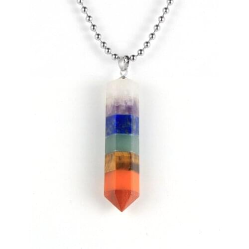 7 Chakra Bullet Column Pendant Necklace Men Women Reiki Yoga Colorful Hexagon Natural Stone Pendants 18' Ball Chain Choker