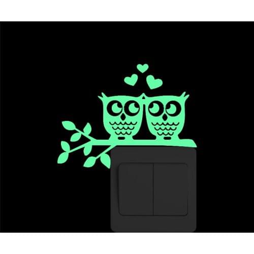 Lovely Cartoon Owl Couple on the Branch Glowing Switch Sticker Funny Glow Animal Wall Decal for Wedding Room Bedroom Home Decor