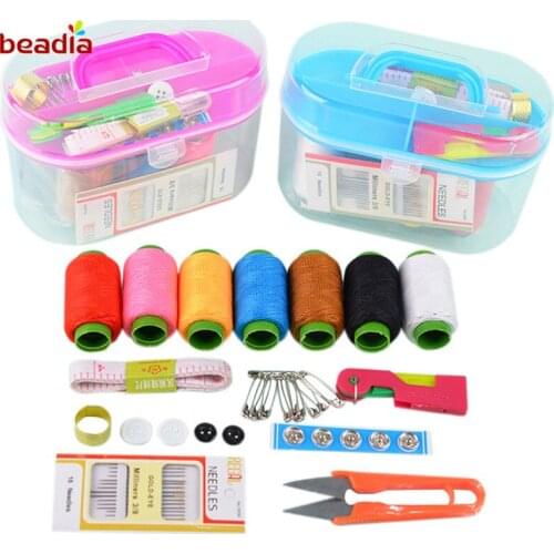 Sewing Tools Kit Full Set Threader Needle Measure Tape Scissor Mini Travel Plastic Sewing machine Accessorie with Storage Box