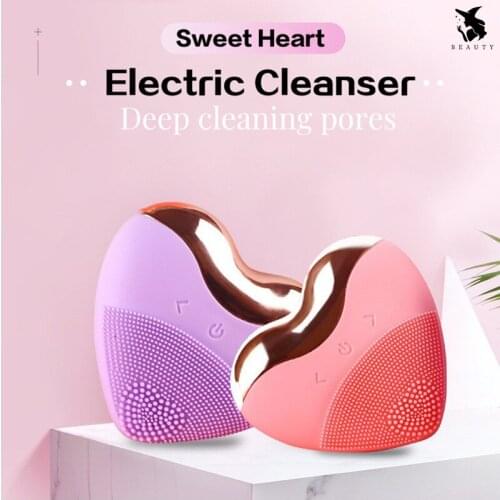 2021 NEW Cute Heart 5 colors Electric Silicone Face Cleansing Brush Massage Facial Sonic Tool Deep Face Pore Cleanser Recharge
