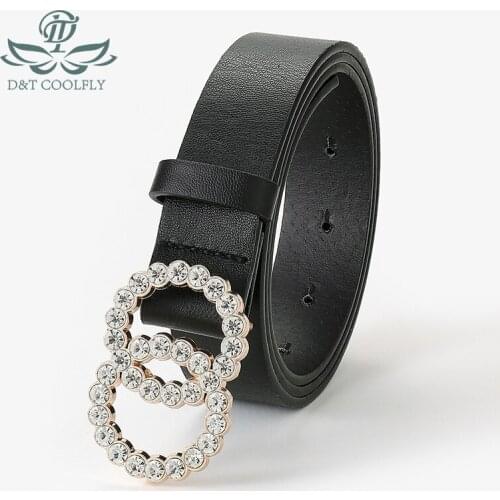 D&T 2021 New Fashion Belt Women Two Circle Diamond Decorate Buckle PU Leather Material Belt Female Casual Style Elegant Waist