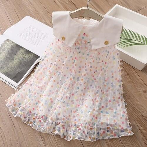 Summer New Kids Dresses 2021 Korean Dots Print Baby Girls Vest Dress Cute Lapel Net Yarn Princess Dress for Girl Toddler Clothes