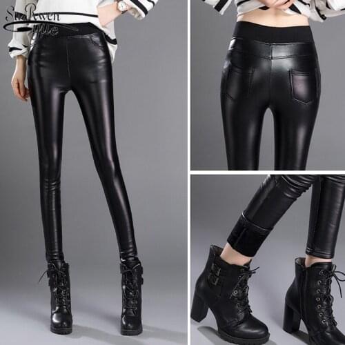 Autumn and Winter Fashion Womens Korean Style Slim-Fit PU Leather Pants Women High Waist Thicken Velvet Pencil Pants 11499