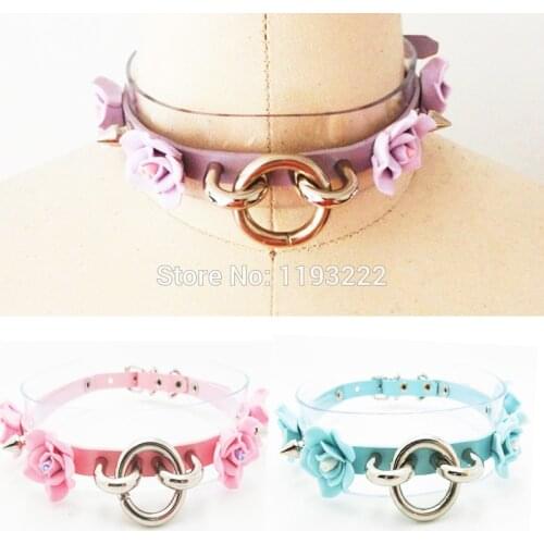 Lolita Punk Goth Handmade Layered leather Vinyl Spike Rose Choker, O Round Spikes Stud Flower Collar Necklace