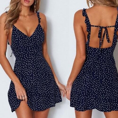 Summer Womens Dresses Sexy Ladies V Neck High Waist Dot Printing Mini Sling Dresses Back Lacing Straps Backless Dress