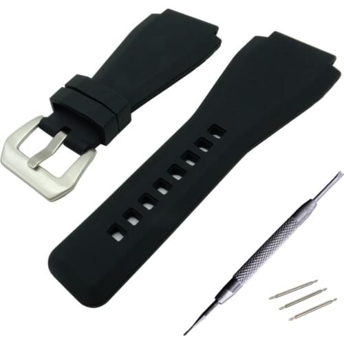 24 X 34mm Black Rubber Leather Watch Band Strap for Bell for Ross BR-01 and BR-03 DIY Replace Black / Silver Buckle