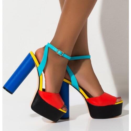 Mixed Color Square High Heels Gladiator Sandals Ladies Open Toe PU Leather Casual Party Shoes Women Buckle Strap Slingback Shoes