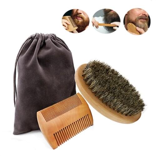 Soft Boar Bristle Wood Beard Brush Hairdresser Shaving Tool Men Mustache Comb Kit With Gift Bag Beard Hair Comb Set
