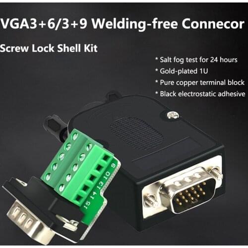 VGA Welding-free Male Plug Female Socket Screw Lock Shell Kit 3 Rows 15 Pin VGA 3+6 3+9 Serial Port Connector DB15 Audio Adapter