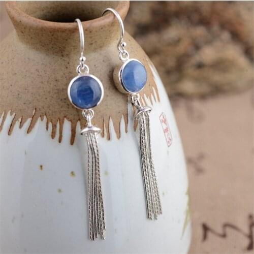 BESTLYBUY 925 Silver Kyanite Earrings for Women Jewelry Blue Stone 100% Pure 925 Silver Sterling Tassel Chain Drop Earring