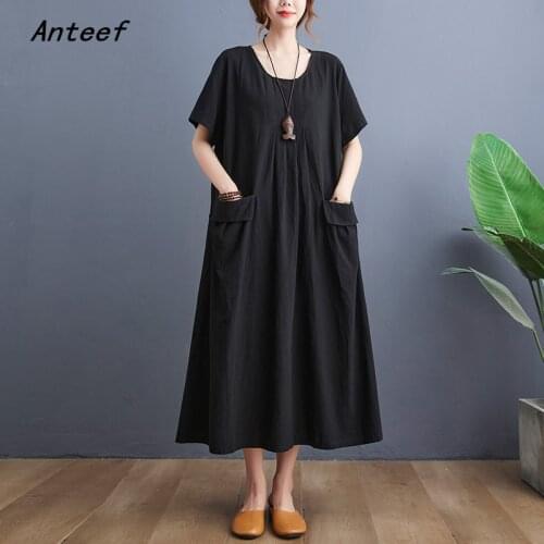Short sleeve cotton linen vintage dresses for women casual loose long woman summer dress elegant clothes 2021