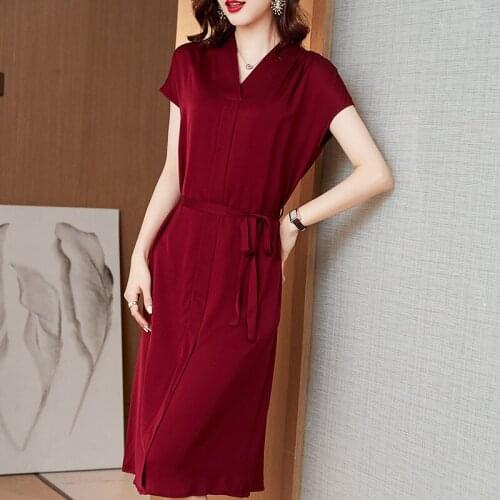 Black Wine V Neck Silk Dresses Women Natural Silk 2021 Summer Long Casual Sexy Office Work Daily Dress Plus Size Slim Fit A Line