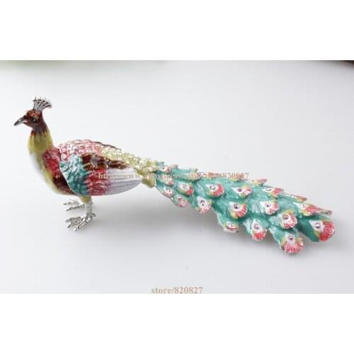 Large Male Peacock Figurine Box Crystals Bird Jewelry, Trinket Keepsake or Pill Box FIGURINE Peacock Decorative Trinket Box