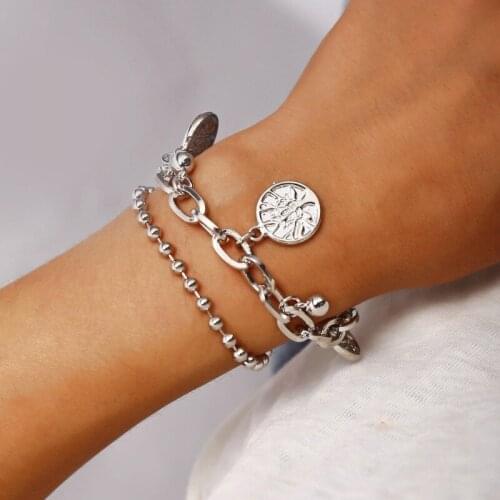 America Cross Border New Tree of Life Pendant Bracelet Creative Retro Simple Alloy Silver Double Layer Bracelet Wholesale